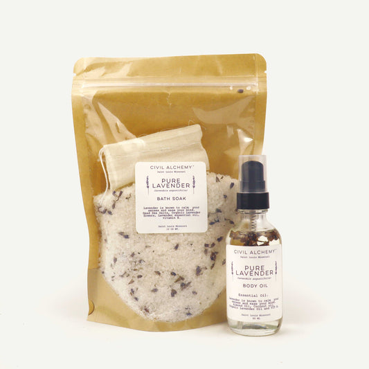 Bath soap and body oil set with 'Pure Lavender' label on a white background