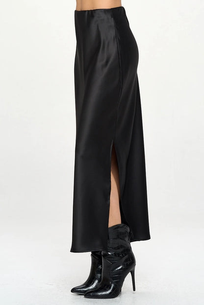 Silky Satin Maxi Skirt With Slit - Black