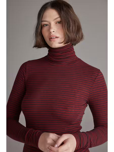 Wool Blend Lightweight Stripe Turtleneck - Red/Grey