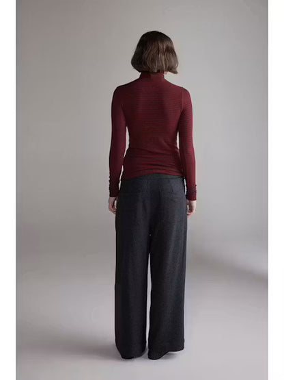 Wool Blend Lightweight Stripe Turtleneck - Red/Grey