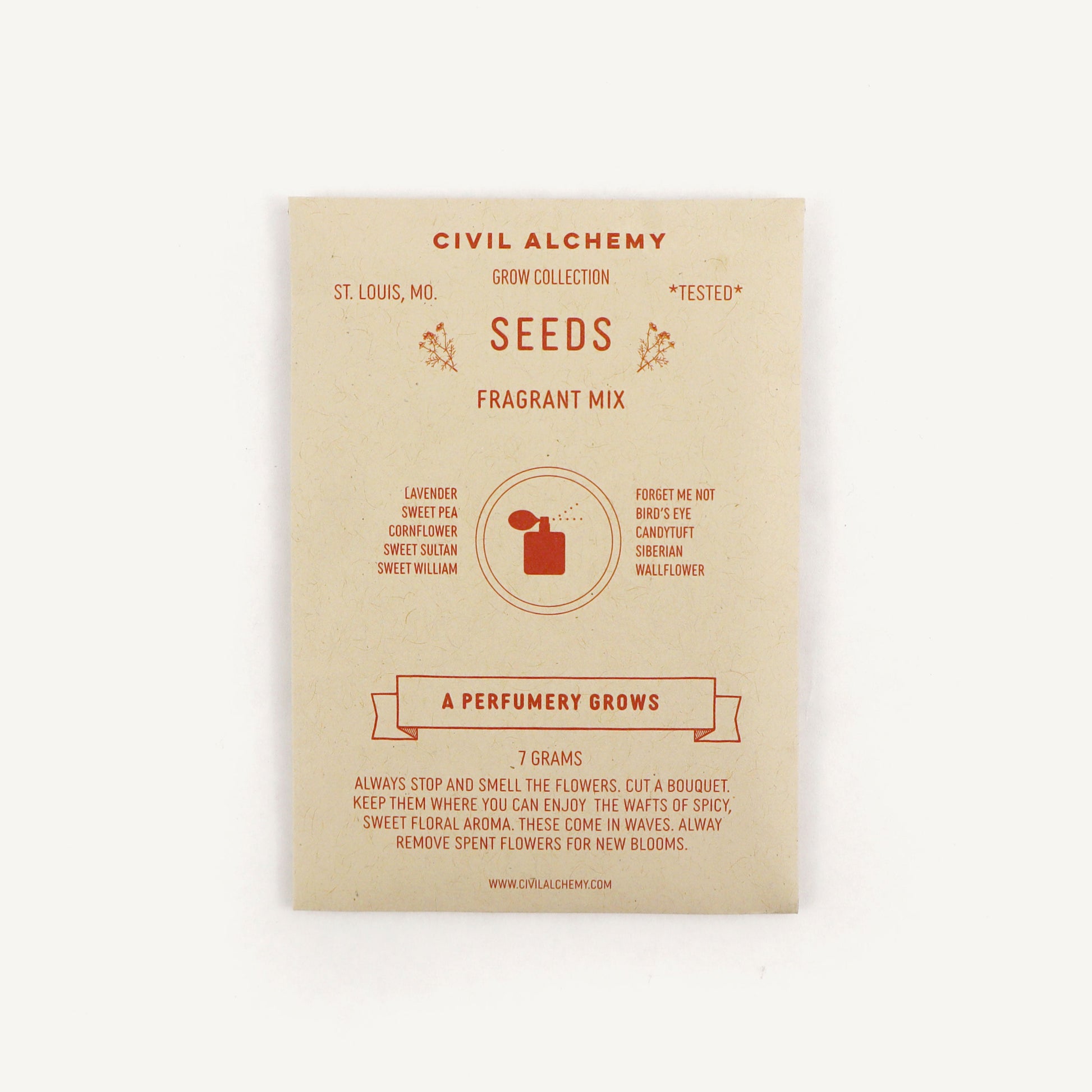 Cardboard seed packet with text and branding on a white background