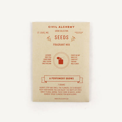 Cardboard seed packet with text and branding on a white background