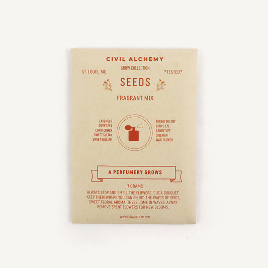 Cardboard seed packet with text and branding on a white background