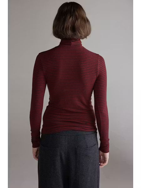 Wool Blend Lightweight Stripe Turtleneck - Red/Grey
