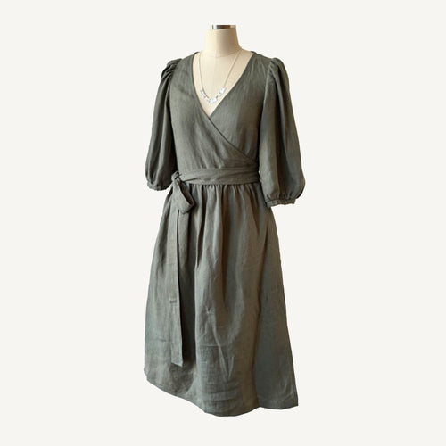 Linen Puff-Sleeve Dress with Belt