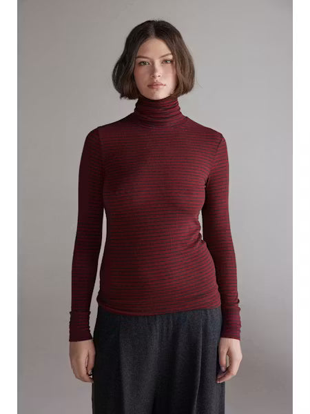 Wool Blend Lightweight Stripe Turtleneck - Red/Grey
