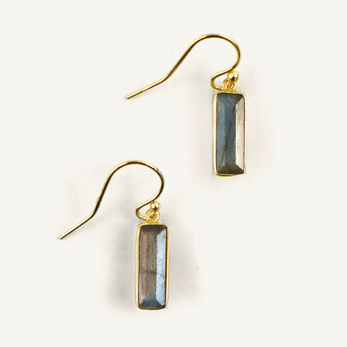 Gold earrings with rectangular gemstones on a white background