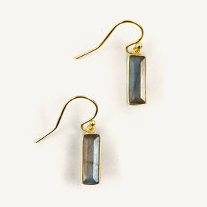 Gold earrings with rectangular gemstones on a white background