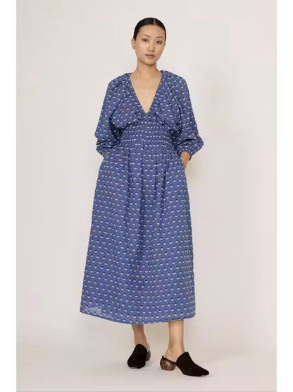 Gathered Plunge Dress - Embroidered Butti Print