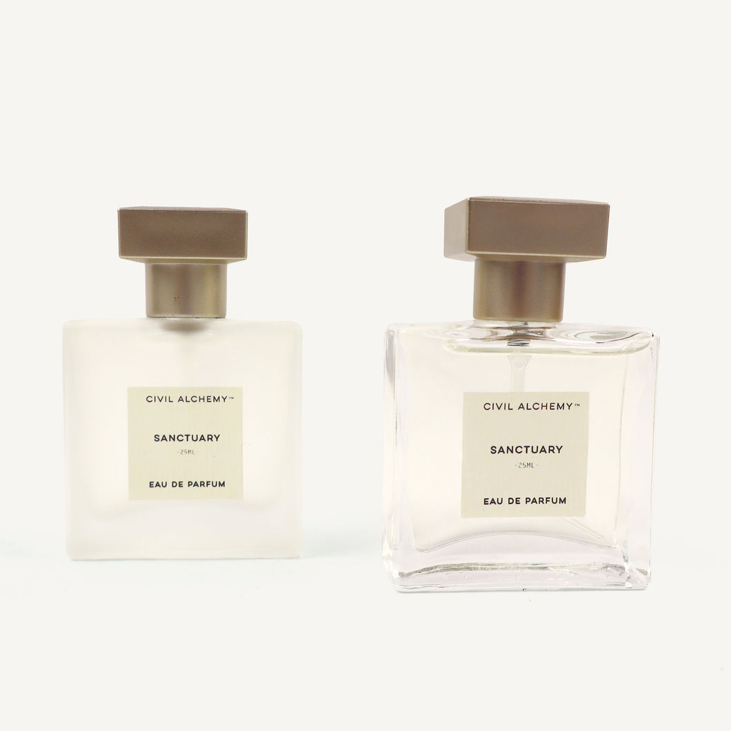Two bottles of Civil Alchemy Sanctuary Eau de Parfum on a white background