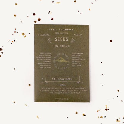 Seed packet from Civil Alchemy on a white background with small seeds scattered around