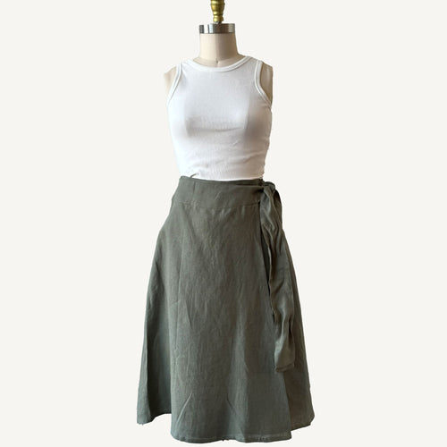 Linen Midi Wrap Skirt - Stone Green