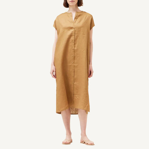 Boxy Linen Dress Brown Olive