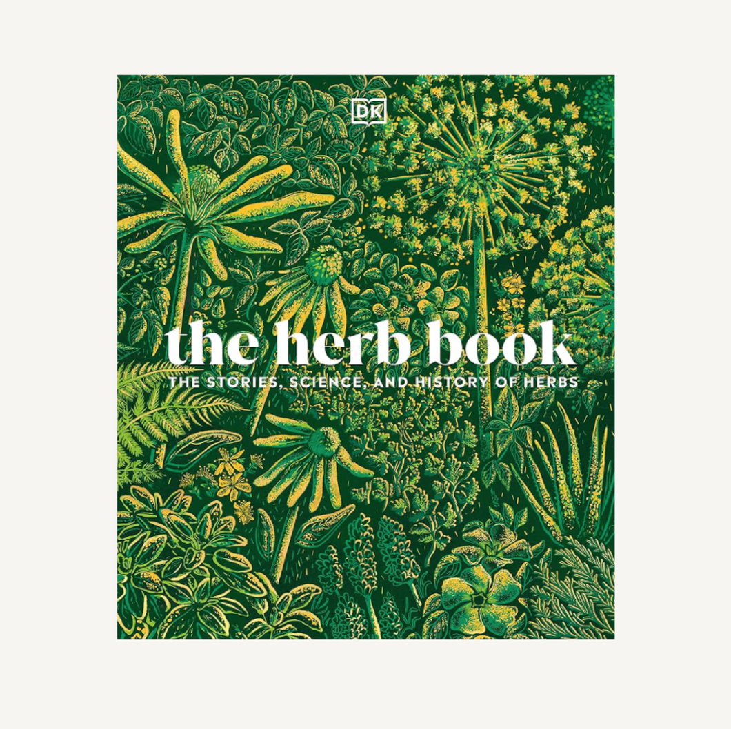 Book cover of 'The Herb Book' with green and yellow herb illustrations on a white background