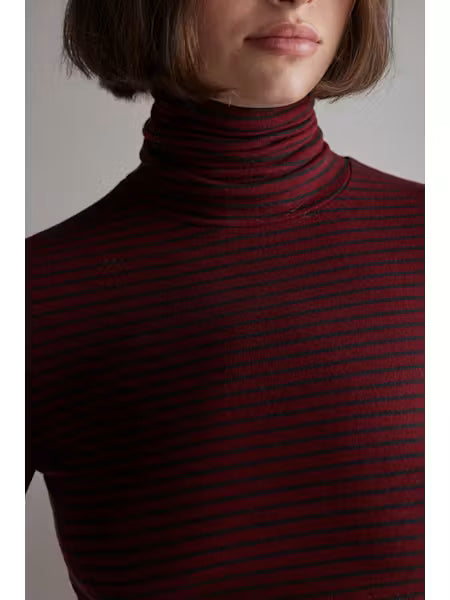 Wool Blend Lightweight Stripe Turtleneck - Red/Grey