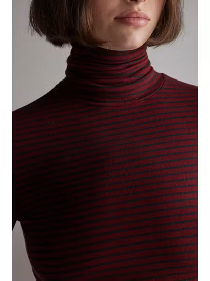 Wool Blend Lightweight Stripe Turtleneck - Red/Grey