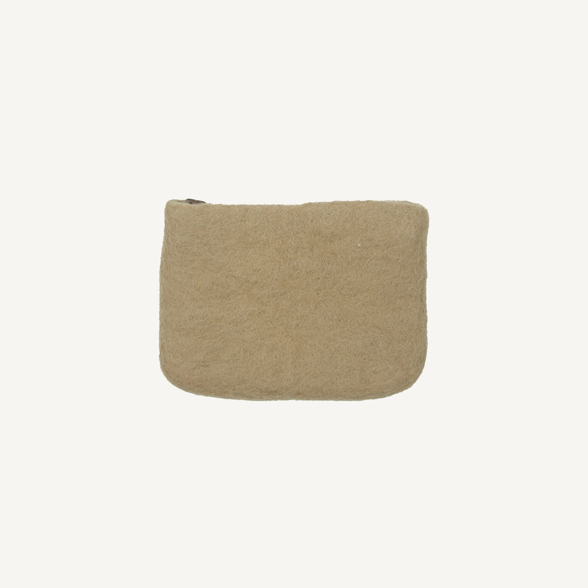 A solid taupe wool coin pouch with a brass zipper, hand-felted by artisans in Nepal.