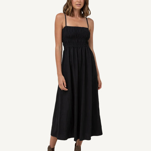 Classic Shirred Midi Dress - Black