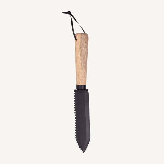 An image depicting a Hori Hori gardening knife with a wooden handle and a steel blade, isolated on a white background.